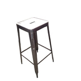 Modern metallic bar stool with a metal frame and fabric or vinyl seat for kitchen counters, hotels, Airbnb properties, restaurants, cafés, and contemporary bar spaces.