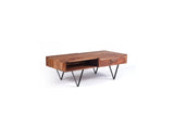 Modern Sheesham wood coffee table with two storage drawers and powder-coated metal accents for hotels, Airbnb properties, furnished apartments, and contemporary living spaces.