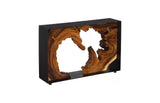 Angled view of natural chamcha wood console table in a black iron frame