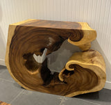 Natural grain and sculptural detail of solid suar wood console table