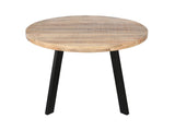Angled view of the Retro round mango wood and metal dining table