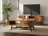 Retro Solid Rosewood Coffee Table crafted from solid Rosewood, featuring two spacious drawers, an open storage shelf, tapered legs, and a rich natural finish.