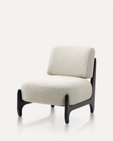 Rubber Wood Lounge Chair handcrafted from premium solid rubber wood, featuring a black wood frame, cream bouclé upholstered seat and backrest, and timeless contemporary craftsmanship.