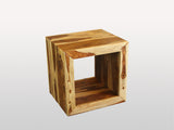 Zen Solid Sheesham Wood Cube Side Table featuring an open cube design, thick solid Sheesham wood construction, and an elegant champagne finish.