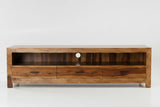 Low Sheesham wood TV media console with three drawers, open shelf, cable management opening, and natural wood grain finish.