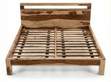 Solid Sheesham wood bed frame with natural wood grain headboard and slatted base