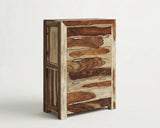 Angled view of tall solid Sheesham wood drawer chest with natural grain and metal handles