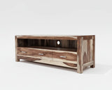 Solid Sheesham wood TV stand with three drawers, open media shelf, and cable management opening, angled view.