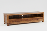 Shop the Zen 71" Solid Sheesham Wood TV Stand with 3 drawers. Handcrafted from premium Indian Sheesham wood with open shelving and spacious storage for modern living rooms.