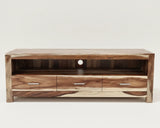 Solid Sheesham wood TV stand with three drawers, open media shelf, and cable management opening.