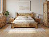 Sumara mango wood bed styled in a warm modern bedroom
