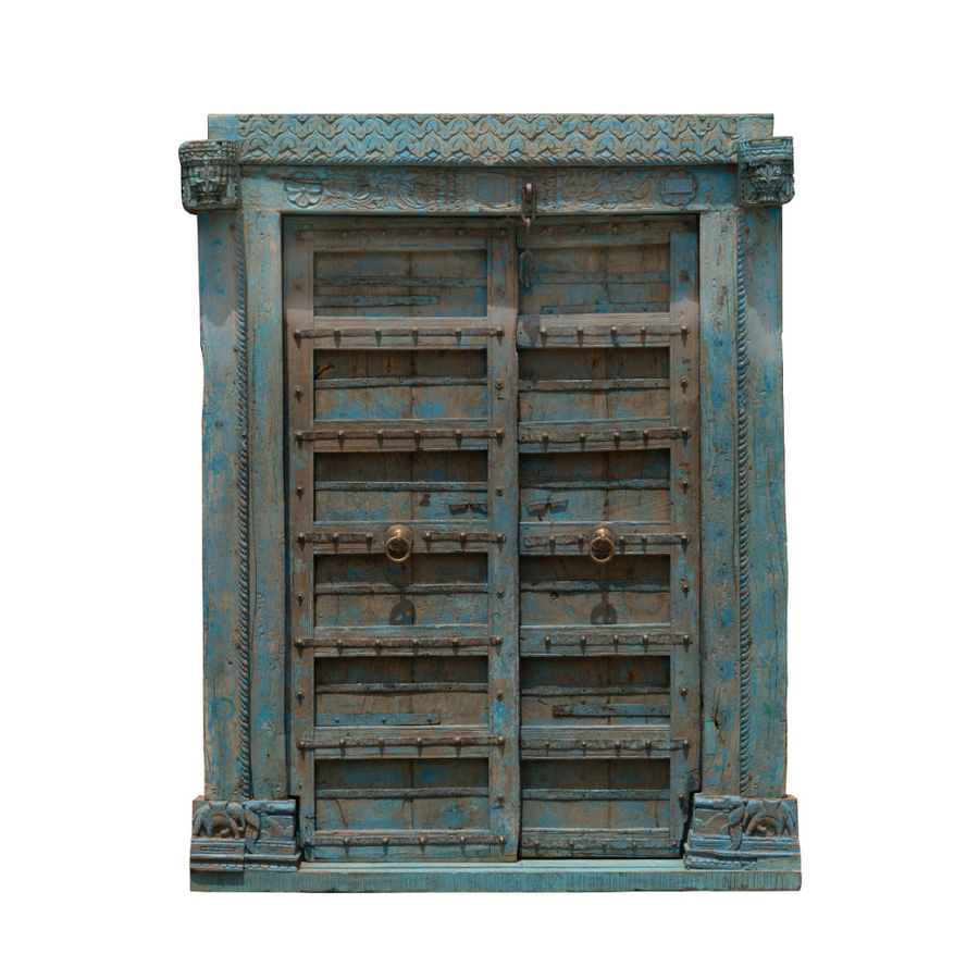 Vintage blue reclaimed solid wood decorative door with a distressed finish for hotels, Airbnb properties, furnished apartments, restaurants, boutique hotels, and contemporary interiors.