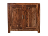 Zen 2-Door Sideboard crafted from solid Sheesham wood, featuring two cabinet doors, sleek metal handles, and a rich brown finish.