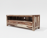Zen 59" Solid Sheesham Wood TV Stand featuring three spacious drawers, an open storage shelf, cable management cutout, and a rich solid Sheesham wood finish.