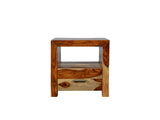 Zen Natural Sheesham Wood Bedside Table featuring a spacious drawer, open storage shelf, and a natural finish.