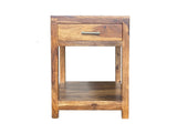 ZEN Solid Wood Nightstand crafted from solid Sheesham wood, featuring a spacious drawer, open storage shelf, dark metal pull handle, and a rich natural finish.
