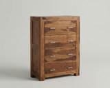 Zen Solid Sheesham Wood 4-Drawer Chest featuring four spacious drawers, silver metal handles, and a rich brown finish.