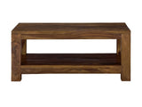 ZEN Solid Sheesham Wood Coffee Table featuring a spacious tabletop, open storage shelf, and a rich brown finish.