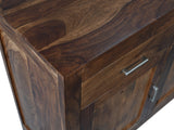 Zen Solid Sheesham Wood Sideboard featuring three drawers, three cabinet doors, silver metal handles, and a rich brown finish.