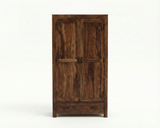 Zen Solid Sheesham Wood Wardrobe featuring two paneled doors, adjustable shelves, a spacious bottom drawer, and a rich brown finish.