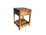 ZEN Solid Wood Nightstand crafted from solid Sheesham wood, featuring a spacious drawer, open storage shelf, dark metal pull handle, and a rich natural finish.