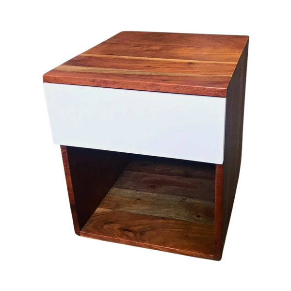 Acacia Nightstand - Wood Side Table With White Drawer