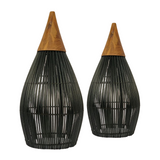 Black handcrafted rattan pendant lamp shade with a solid teak root top, available in two sizes for hotels, Airbnb properties, furnished apartments, and contemporary interiors.