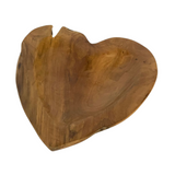 Handcrafted heart-shaped teak root bowl with a natural wood finish for hotels, Airbnb properties, furnished apartments, dining tables, and contemporary interiors.