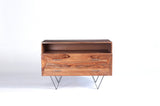 Solid Sheesham wood 2-drawer dresser with a powder-coated steel frame for hotels, Airbnb properties, furnished apartments, bedrooms, and contemporary interiors.