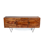 Solid Sheesham wood and powder-coated steel 3-door sideboard with concealed storage for hotels, Airbnb properties, furnished apartments, dining rooms, and contemporary interiors.