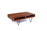 Solid Sheesham wood coffee table with a black powder-coated steel frame and two open storage shelves for hotels, Airbnb properties, furnished apartments, and contemporary living rooms.