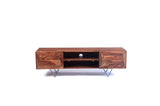 Solid Sheesham wood TV console with powder-coated steel frame and two-door storage for hotels, Airbnb properties, furnished apartments, and contemporary living rooms.