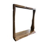 Freestanding wood frame mirror with integrated stand for hotels, Airbnb properties, furnished apartments, bedrooms, hallways, and contemporary interiors.