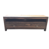 Zen Sheesham wood TV stand with open shelving, drawer, and concealed storage for hotels, Airbnb properties, furnished apartments, and contemporary living rooms.
