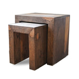 Set of two solid wood nesting side tables with a natural finish for hotels, Airbnb properties, furnished apartments, bedrooms, and contemporary interiors.