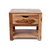 Solid wood bedside table with a storage drawer and natural finish for hotels, Airbnb properties, furnished apartments, bedrooms, and contemporary interiors.
